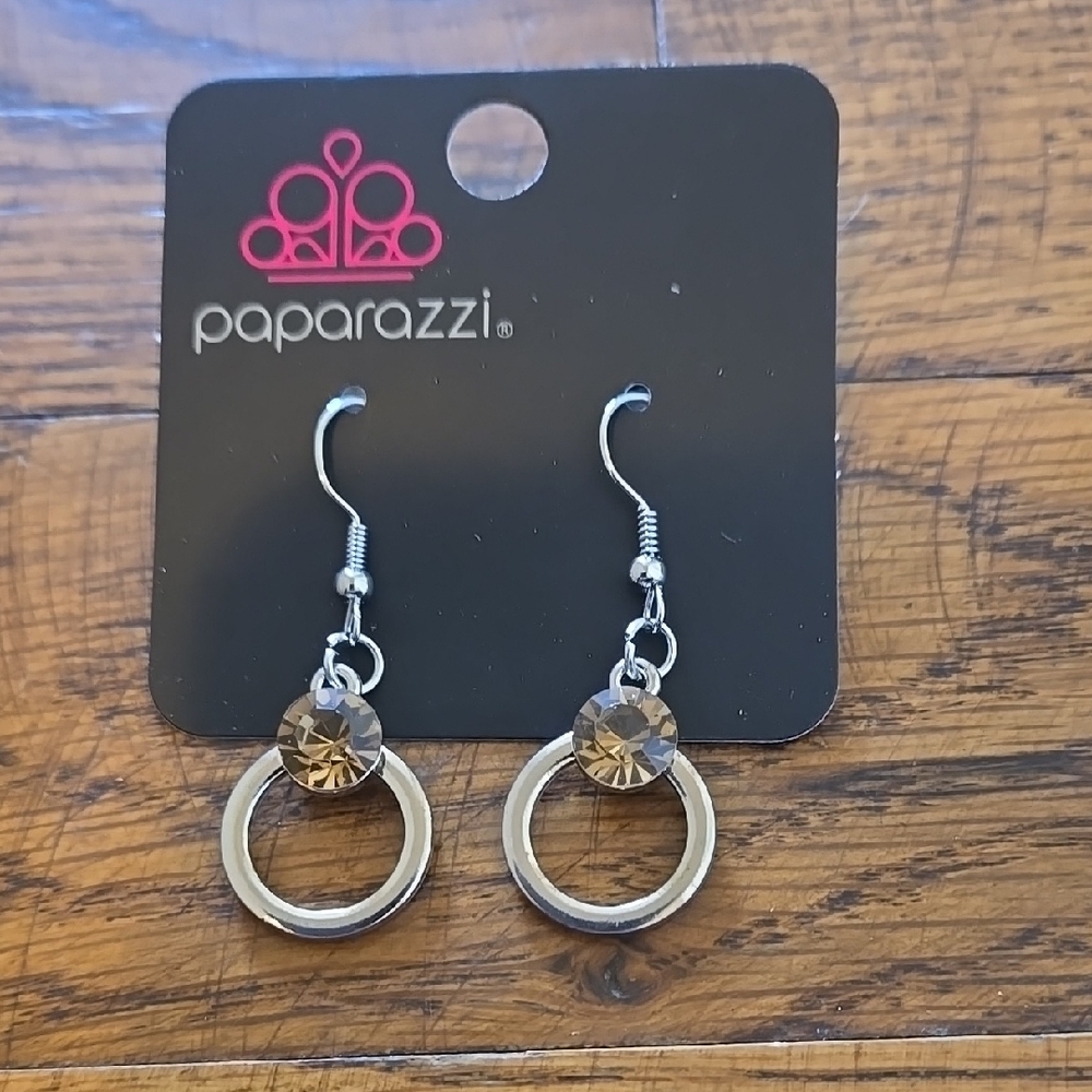 Paparazzi Silver Colored Earrings with Brown Rhinestone
